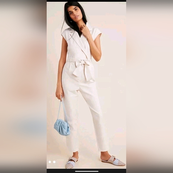 Anthropologie Beige Tie Waist Cap Sleeve Jumpsuit Women's Size 8 - Picture 2 of 12